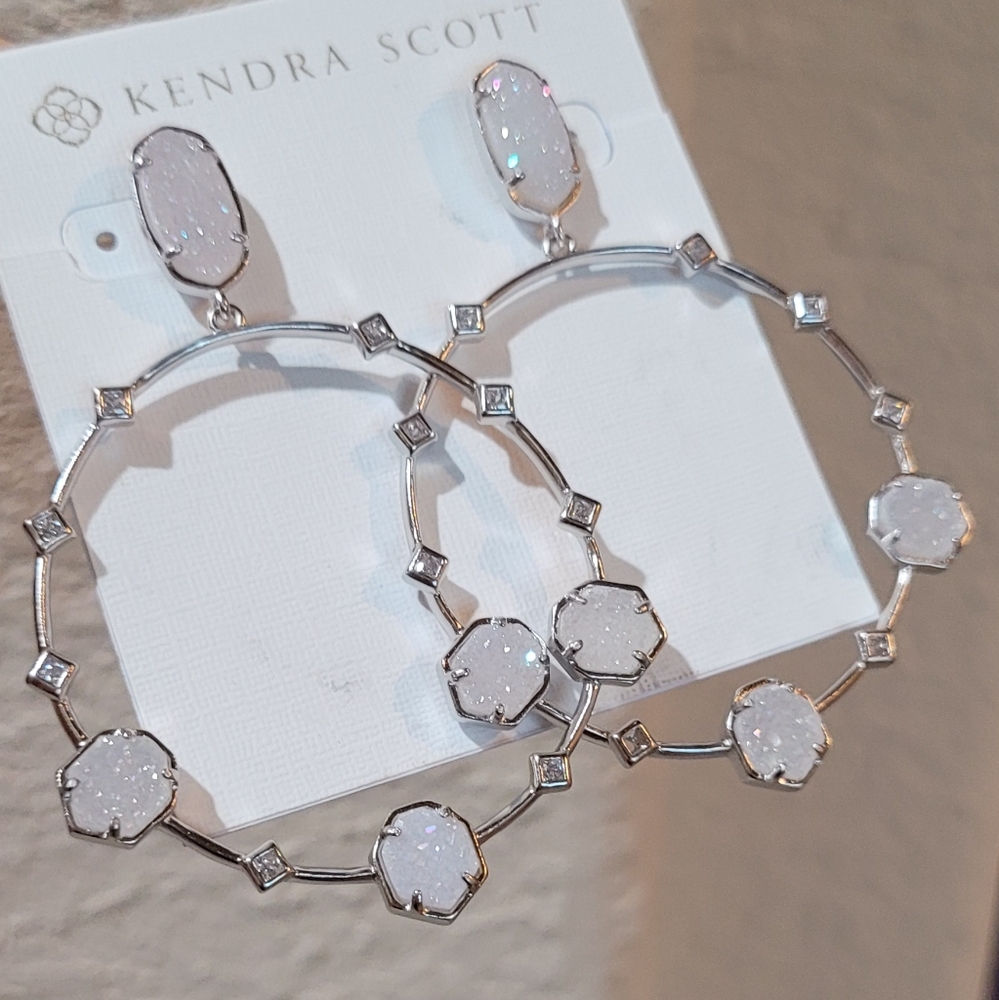 NWT KENDRA SCOTT SPARKLY IRIDESCENT DRUSY STUD HOOP EARRINGS IN SILVER